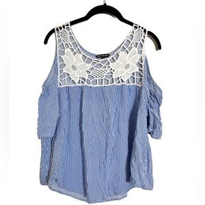 Unique Spectrum Blue White Striped Peekaboo Lace Shirt